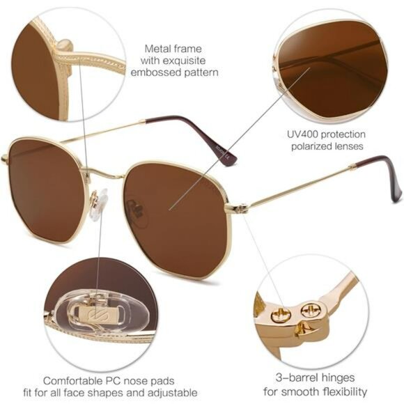 Square Hexagon Polarized Sunglasses for Women Men UV400 Retro Metal Shades - Picture 4 of 6